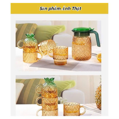 Bộ Bình 4 Cốc Ly Thủy Tinh Hình Quả Dứa Màu Hổ Phách, Bình Chịu Nhiệt Tốt, Trang Trí - HÀNG CHÍNH HÃNG MINIIN