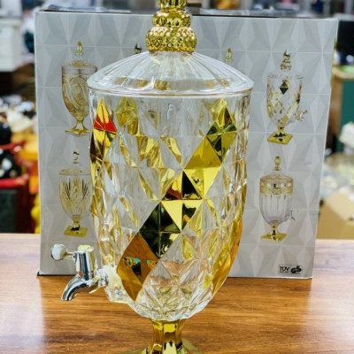 BÌNH THỦY TINH ĐỰNG NƯỚC UỐNG CÓ VÒI VẶN CAO CẤP HOA KHẢM VÀNG VÀNG - ANHT688 - GIAO HOA VĂN NGẪU NHIÊN