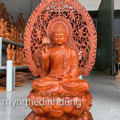 Tượng phật liên hoa bằng gỗ hương đá kt cao 60×36×36cm +lá chắn hào quang cao tổng 81cm