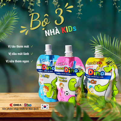 Combo 3 Túi Nước Dino LongDino/StrongDino Dành Cho Trẻ Em (3 Vị Sữa x Dâu x Táo)