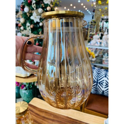 Bình đựng nước uống thủy tinh vàng vân sọc bầu