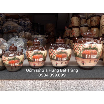 Hũ đựng ruou  vẽ cảnh đồng quê gốm sứ Gia Hưng Bát tràng