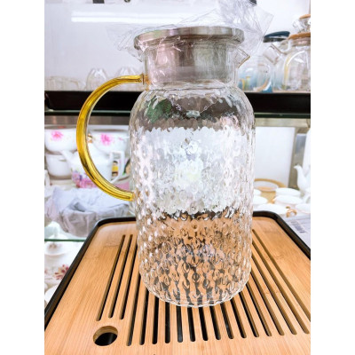 Bình thủy tinh đựng nước vân nhám chịu nhiệt lên tới 400 độ C dáng tròn cao nắp inox 1.8L- ANTH235