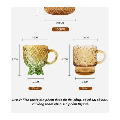 Bộ Bình 4 Cốc Ly Thủy Tinh Hình Quả Dứa Màu Hổ Phách, Bình Chịu Nhiệt Tốt, Trang Trí - HÀNG CHÍNH HÃNG MINIIN