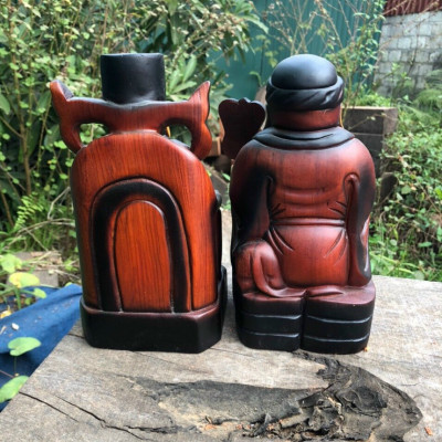 Cặp thần tài ông thổ địa bằng gỗ hương đá tô làm mầu giả cổ kt cao 30×15×14cm