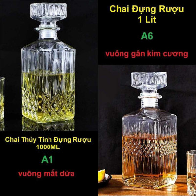 Chai Thủy Tinh Đựng Rượu 1 Lít (combo 2 cái) mẫu vuông mắt dứa và vuông lá cọ - Vỏ Chai Rượu Đẹp 1000ML – Bình Đựng Rượu cao cấp (A1,A6)