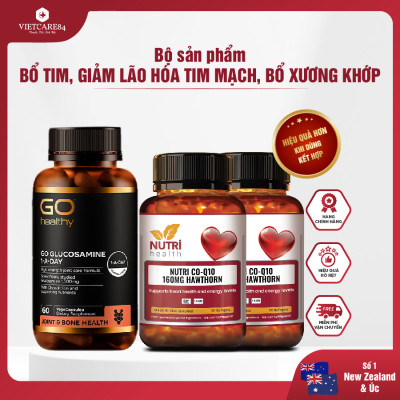 Bộ Sản Phẩm Bổ Tim, Bổ Xương Khớp New Zealand: 2 Hộp Bổ Tim Nutri Co Q10 160g Hawthorn -30 Viên; Go Glucosamine 1-A-Day 1500mg - 60 Viên