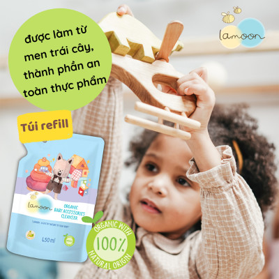 Xịt khuẩn đồ chơi Organic an toàn cho bé Lamoon - Túi 450ml Refill