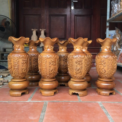 Cặp lục bình trạm khắc tứ quý ,phong thủy hút tài lộc .bằng gỗ bách xanh kt cao 50×14,5cm