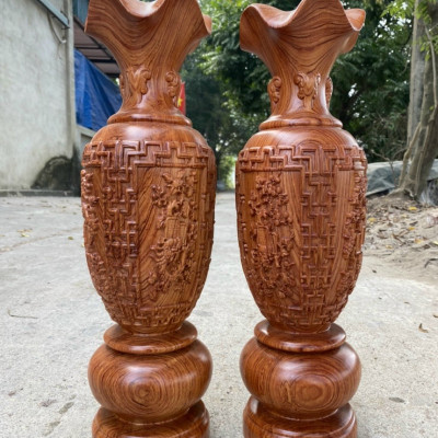 Cặp lục bình trạm khắc tứ quý ,phong thủy hút tài lộc bằng gỗ hương đá kt 