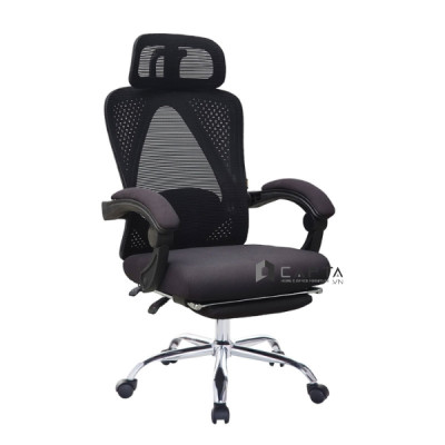 Ghế làm việc có gác chân CR4328-M Nội thất Capta Ghế văn phòng lưng lưới cao nệm vải đen khung nhựa đen tay nhựa nâng hạ độ cao chân xoay inox 201 có bánh xe tại tp hcm