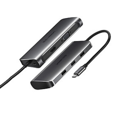 Cáp chuyển đổi USB-C dương Sang 1*HDMI âm, 1* VGA âm, 3*USB 3.0 Vỏ Nhôm có hổ trợ USB-C PD Power cáp dài 25cm màu Xám Ugreen TC50319CM163 Hàng chính hãng.
