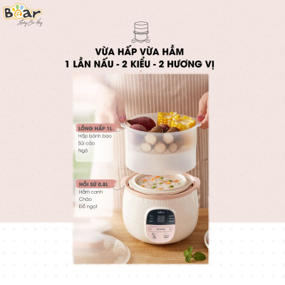 Nồi Chưng Yến, Nồi Nấu Chậm BEAR SUBE001 Tặng Khay Hấp Dung Tích 0,8 Lít Công Suất 200 W- Hàng Chính Hãng
