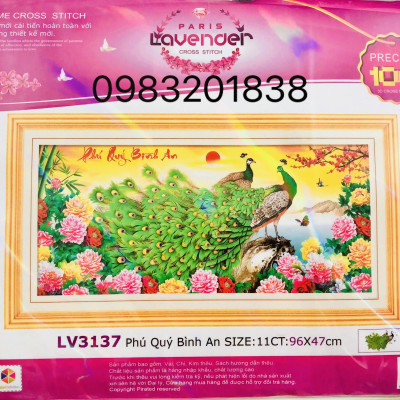 Tranh thêu chữ thập Phú quý bình an LV3137, tranh thêu 3D, kích thước 96 × 47 cm