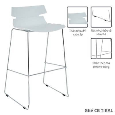 Ghế quầy bar cao cấp Ghế bar cố định chân thép mạ chrome màu Inox thân nhựa PP cao 75 cm cho Showroom Plastic Bar Stools CB TIKAL CAPTA Tp.HCM