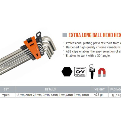 Bộ lục giác đầu bi dài 9 chi tiết Retta -RAT5009 Thổ Nhĩ Kỳ