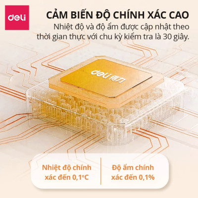 Nhiệt ẩm kế, nhiệt kế phòng Deli đồng hồ xem giờ có báo thức đo nhiệt độ phòng, độ ẩm phòng ngủ cho bé chính xác
