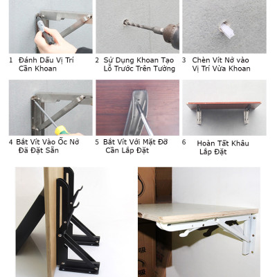 Bộ Giá Đỡ Ke Bàn Gấp Treo Tường KUNBE, Bản Lề Gập Thông Minh Tiết Kiệm Không Gian, Chịu Tải Tốt