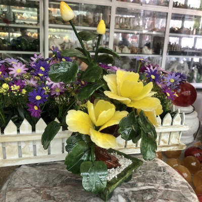 Cây Hoa Trà phong thủy đá bạch ngọc và đá thạch anh vàng - Cao 30 cm