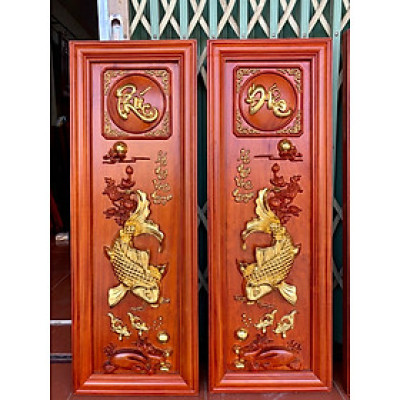 Tranh câu đối treo tường lý ngư vọng nguyệt bằng gỗ hương kt 37×107×4cm