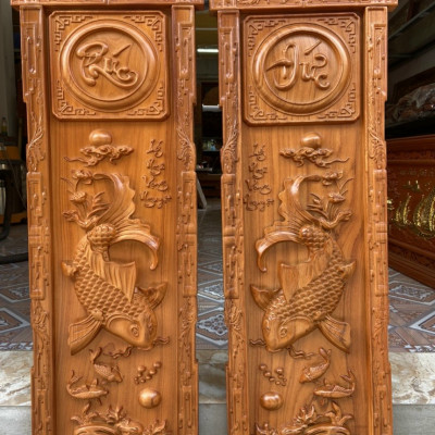 Tranh treo trạm khắc  lý ngư vọng nguyệt bằng gỗ gõ kt 41×117×4cm 