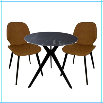 Bộ bàn tròn tiếp khách văn phòng nhỏ mặt đá phiến 2 ghế bọc Simili chân sắt nhập khẩu cao cấp SL TE1539-08E / LUX 37A-P- Small round table and 2 chairs