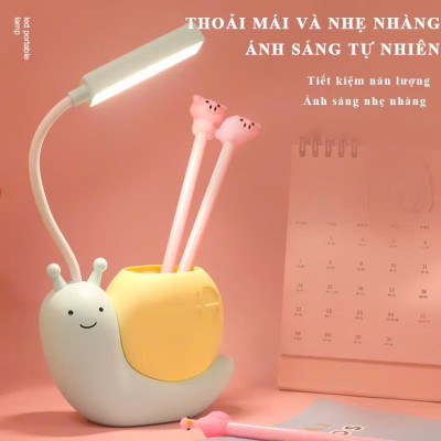 Đèn học để bàn hình ốc sên đáng yêu, đèn học cho bé có ống để bút viết tích điện sạc usb
