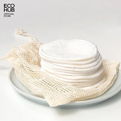 Bông tẩy trang ECOHUB Sợi tre tái sử dụng nhiều lần / Thân thiện Môi trường, 8x8cm (6 miếng + Túi lưới)