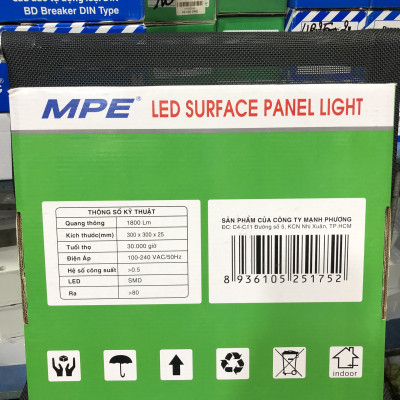 Đèn led panel ốp trần nổi vuông công suất 24W MPE (2 loại ánh sáng trắng-vàng)