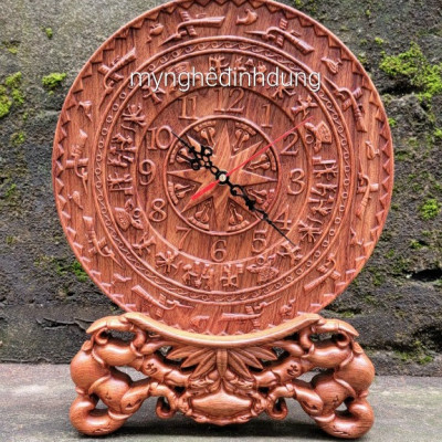 Tranh đồng hồ khắc trống đồng đông sơn trang trí phòng khách bằng gỗ hương đá kt mặt tròn 27×3×37cm  