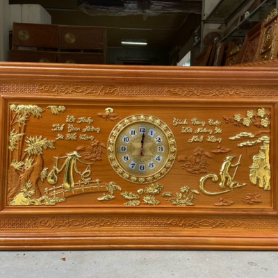 Tranh đồng hồ treo tường khắc chữ cha mẹ bằng gỗ gõ kt 67×127×4cm