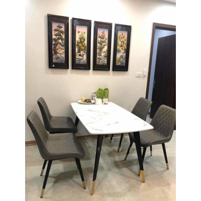 Bộ bàn ăn chân trụ 1m4 + 4 ghế Loft trám mặt bàn đá ceramic  Thương hiệu Nội Thất Bình Long 