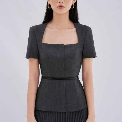 Set áo kiểu tay ngắn cổ thang & chân váy xếp ly DARIA thiết kế cao cấp WHITE CHIC