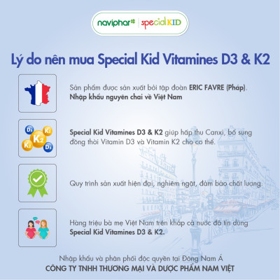 Special Kid Vitamines D3 et K2 - Hỗ trợ tăng cường hấp thu calci giảm triệu chứng còi xương, tăng chiều cao cho trẻ - 10ml