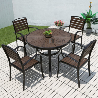 Bàn ăn sân thượng tròn 1m TE2041-100A Nội thất Capta Bàn nhà hàng ngoài trời mặt gỗ nhựa polywood chân nhôm cho 4 đến 6 ghế ngồi