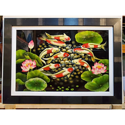 TRANH SƠN MÀI ĐẮP NỔI THẾP VÀNG BẠC - CỬU NGƯ HỘI TỤ 