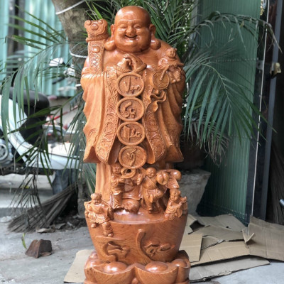 Tượng phật di lặc chúc phúc bằng gỗ hương đá kt cao 100×34×30cm