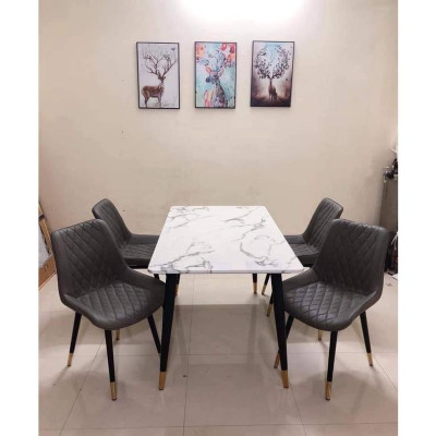 Bộ bàn ăn chân trụ 1m4 + 4 ghế Loft trám mặt bàn đá ceramic  Thương hiệu Nội Thất Bình Long 