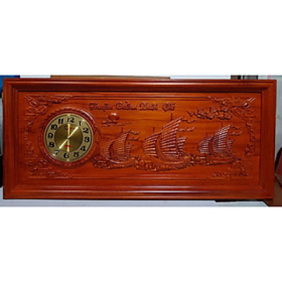 Tranh gỗ hương đục nổi mạ vàng gắn đồng hồ- Thuận Buồm Xuôi Gió -TG263