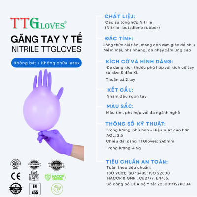 Găng Tay Cao Su Y Tế Size S Không Bột Nitrile TTGLOVES Màu Tím (100 Chiếc)