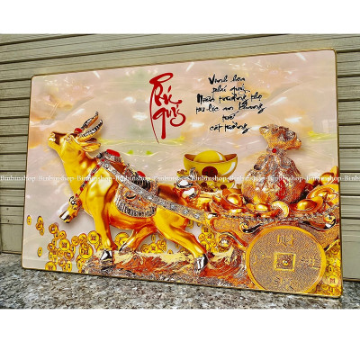 (ẢNH THẬT) Tranh treo tường tráng gương trâu vàng tài lộc 1 bo viền tặng kèm đinh treo