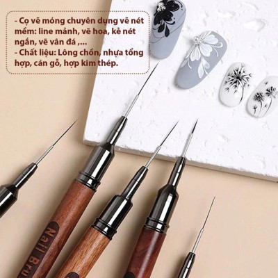 Cọ Nét Cán Gỗ Cao Cấp Nail Brush Làm Nail Kẻ Nét Siêu Mảnh Lông Mềm Đủ Size 6mm, 9mm, 12mm Vẽ Móng Liner Nghệ Thuật Nữ Women