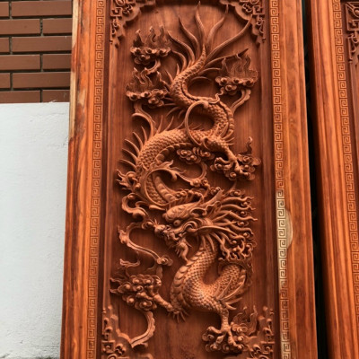 Tranh treo tường trạm khắc tứ linh bằng gỗ hương đỏ kt 37×107×4cm