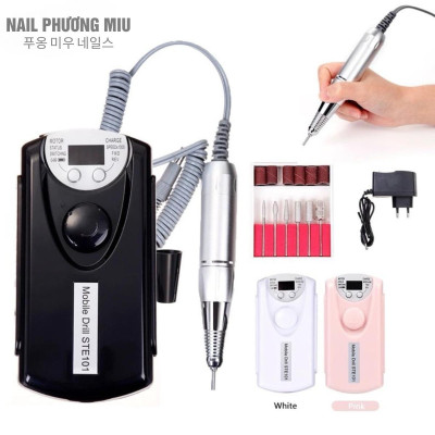 Máy Mài Móng Tích Điện STE-101 Màu Đen, Hồng Tặng Kèm 6 Đầu Mài Làm Nail Siêu Êm, Màn Hình LED, Nút Xoay Drill STE101 Pin Khỏe Đến 10h, Tốc Độ Cao