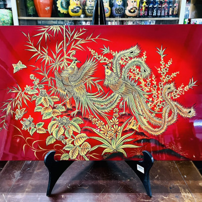 Tranh Sơn Mài - ĐÔI CHIM PHỤNG HOÀNG - Nền Đỏ Rực Rỡ | Size 50x80 cm | Sang Trọng – May Mắn – Phong Thủy
