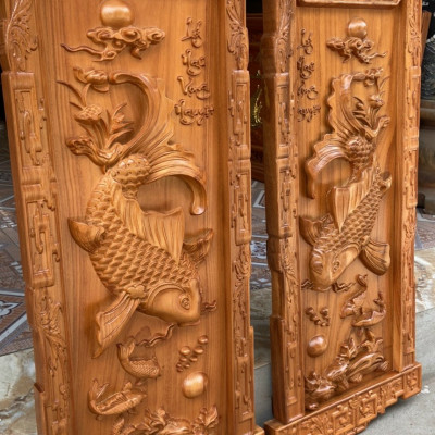 Tranh treo trạm khắc  lý ngư vọng nguyệt bằng gỗ gõ kt 41×117×4cm 