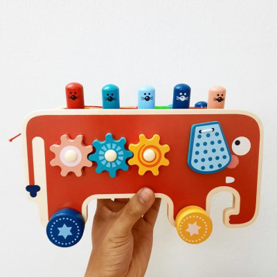 Đồ chơi xe kéo đập chuột hình chú voi dễ thương bằng gỗ