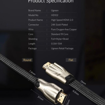 Ugreen UG10251HD102TK 1.5M màu Đen Cáp tín hiệu HDMI vỏ bọc lưới cao cấp cáp dẹt - HÀNG CHÍNH HÃNG