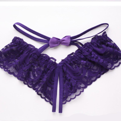Quần lót nữ ren hở mông dây chéo đính nơ tím gợi cảm