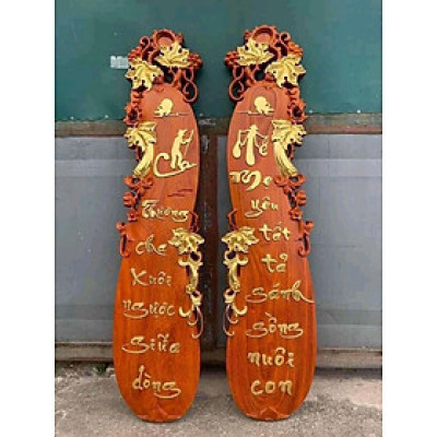 Tranh câu đối cha mẹ  hình quả bầu bằng gỗ hương đỏ kt 30×127×4cm